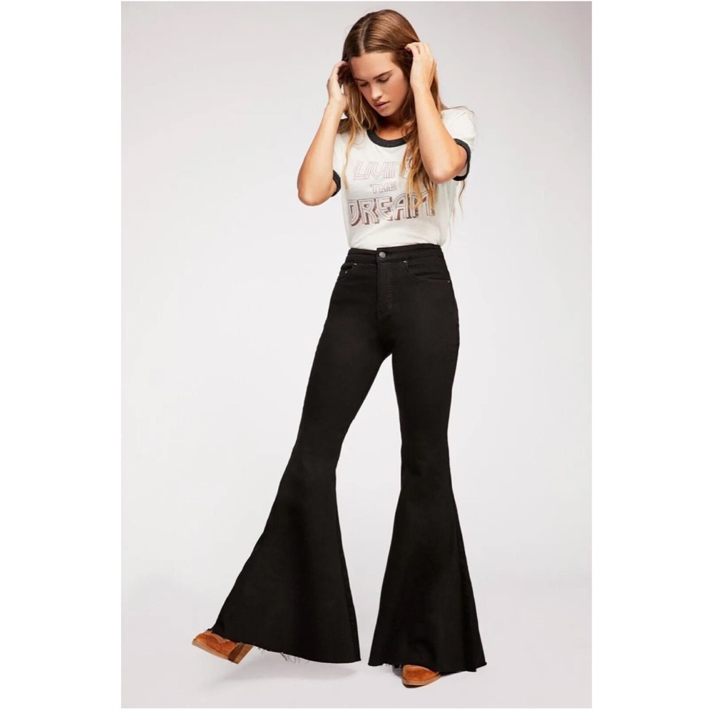 Free People We the Free Black CRVY Super High Rise Lace Up Flare Jeans